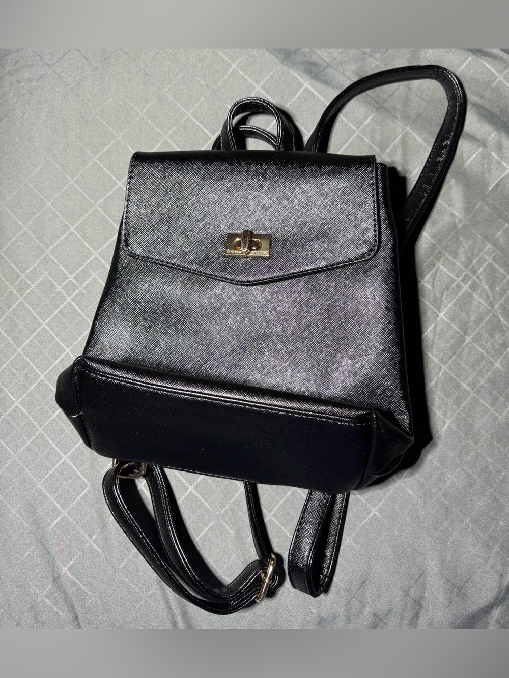 Minimalist Black Leatherette Mini Backpack with Gold Turn-Lock